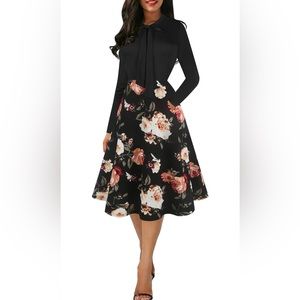 oxiuly New Women's Sz XL Vintage Bow Tie V-Neck Pockets Casual Work A line